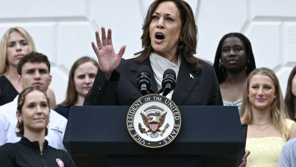 US Vice President Kamala Harris speaks during an event honoring National Collegiate Athletic Association (NCAA) championship teams from the 2023-2024 season, on the South Lawn of the White House in Washington, DC on July 22, 2024. (Photo by Brendan SMIALOWSKI / AFP) Kamala Harris