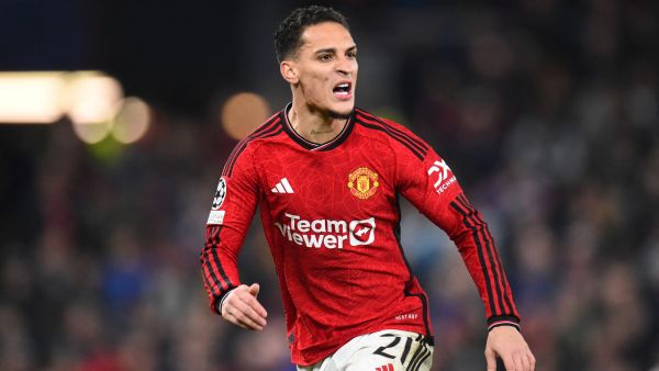 Manchester United's Brazilian midfielder #21 Antony reacts during the UEFA Champions League group A football match between Manchester United and FC Bayern Munich at Old Trafford stadium in Manchester, north west England, on December 12, 2023. (Photo by PETER POWELL / AFP)