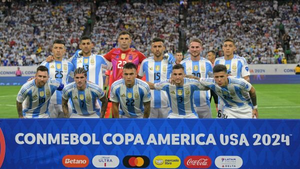 Argentina's team poses for pictures ahead of the Conmebol 2024 Copa America tournament quarter-final football match between Argentina and Ecuador at NRG Stadium in Houston, Texas, on July 4, 2024. (Photo by JUAN MABROMATA / AFP)