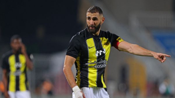Ittihad's French forward #09 Karim Benzema reacts during the Saudi Pro League football match between Al-Ittihad and Al-Riyadh at the Prince Faisal Bin Fahd stadium in Riyadh on August 24, 2023. (Photo by Fayez NURELDINE / AFP)