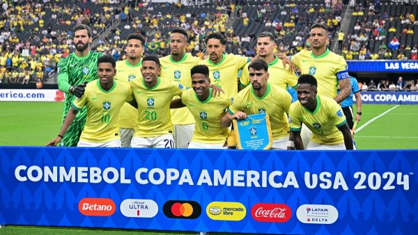 Brazil players pose for a team photo agead of the Conmebol 2024 Copa America tournament group D football match between Paraguay and Brazil at Allegiant Stadium in Las Vegas, Nevada on June 28, 2024. (Photo by Frederic J. Brown / AFP)