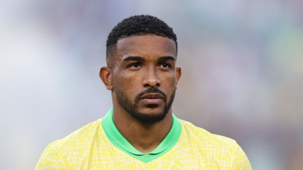 Gleison Bremer Nascimento #25 of Brazil stands for his national anthem before to the international friendly match between Mexico and Brazil at Kyle Field on June 8, 2024 in College Station, Texas. Omar Vega/Getty Images/AFP (Photo by Omar Vega / GETTY IMAGES NORTH AMERICA / Getty Images via AFP)