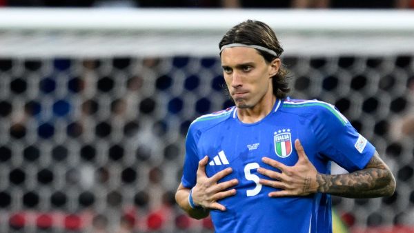 Italy's defender #05 Riccardo Calafiori reacts during the UEFA Euro 2024 Group B football match between Italy and Albania at the BVB Stadion in Dortmund on June 15, 2024. (Photo by INA FASSBENDER / AFP)