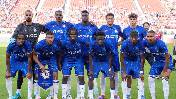 The Chelsea FC starting lineup poses for this photo prior to the start of a preseason friendly against Wrexham AFC at Levi's Stadium on July 24, 2024 in Santa Clara, California. Thearon W. Henderson/Getty Images/AFP (Photo by Thearon W. Henderson / GETTY IMAGES NORTH AMERICA / Getty Images via AFP)