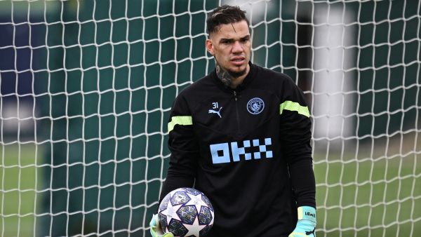 Manchester City's Brazilian goalkeeper Ederson reacts as he takes part in a team training session at Manchester City training ground in Manchester, north-west England on June 6, 2023, ahead of their UEFA Champions League final football match against Inter Milan. (Photo by Paul ELLIS / AFP)