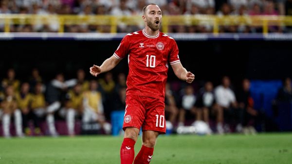 Denmark's midfielder #10 Christian Eriksen reacts to a missed chance during the UEFA Euro 2024 round of 16 football match between Germany and Denmark at the BVB Stadion Dortmund in Dortmund on June 29, 2024. (Photo by KENZO TRIBOUILLARD / AFP)