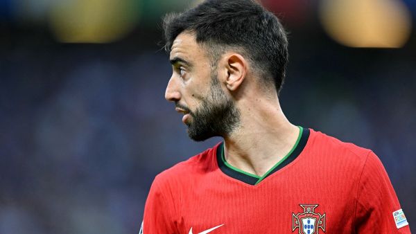 Portugal's midfielder #08 Bruno Fernandes looks on during the UEFA Euro 2024 quarter-final football match between Portugal and France at the Volksparkstadion in Hamburg on July 5, 2024. (Photo by PATRICIA DE MELO MOREIRA / AFP)
