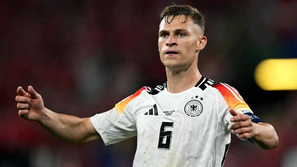 Germany's defender #06 Joshua Kimmich reacts during the UEFA Euro 2024 round of 16 football match between Germany and Denmark at the BVB Stadion Dortmund in Dortmund on June 29, 2024. (Photo by OZAN KOSE / AFP)