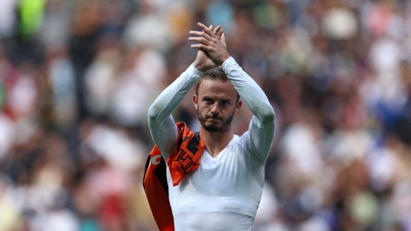 Tottenham Hotspur's English midfielder James Maddison applauds fans on the pitch after the pre-season friendly football match between Tottenham Hotspur and Shakhtar Donetsk at the Tottenham Hotspur Stadium, in London, on August 6, 2023. (Photo by HENRY NICHOLLS / AFP)