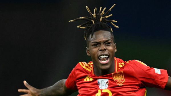 Spain's midfielder #17 Nico Williams celebrates scoring his team's first goal during the UEFA Euro 2024 final football match between Spain and England at the Olympiastadion in Berlin on July 14, 2024. (Photo by INA FASSBENDER / AFP)