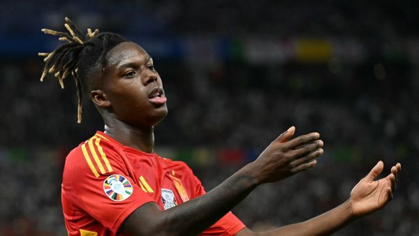Spain's midfielder #17 Nico Williams reacts during the UEFA Euro 2024 final football match between Spain and England at the Olympiastadion in Berlin on July 14, 2024. (Photo by INA FASSBENDER / AFP)
