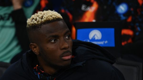 Napoli's Nigerian forward #09 Victor Osimhen looks on prior to the Serie A football match between Inter Milan and Napoli at San Siro stadium in Milan, on March 17, 2024. (Photo by Isabella BONOTTO / AFP)
