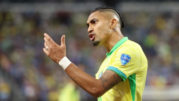 Raphinha of Brazil reacts during the CONMEBOL Copa America 2024 quarterfinal match between Uruguay and Brazil at Allegiant Stadium on July 06, 2024 in Las Vegas, Nevada. Ian Maule/Getty Images/AFP (Photo by Ian Maule / GETTY IMAGES NORTH AMERICA / Getty Images via AFP)