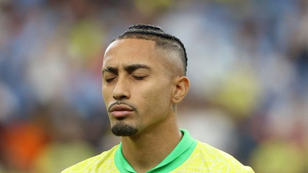 Raphinha of Brazil sings the national anthem prior to the CONMEBOL Copa America 2024 quarterfinal match between Uruguay and Brazil at Allegiant Stadium on July 06, 2024 in Las Vegas, Nevada. Ian Maule/Getty Images/AFP (Photo by Ian Maule / GETTY IMAGES NORTH AMERICA / Getty Images via AFP)