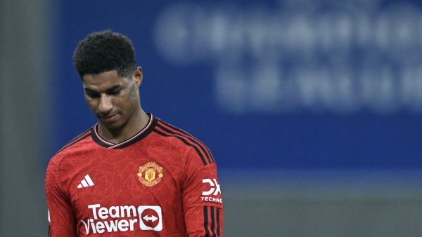 Manchester United's English striker #10 Marcus Rashford leaves the pitch after receiving the red card during the UEFA Champions League Group A football match between FC Copenhagen and Manchester United FC in Copenhagen, Denmark on November 8, 2023. (Photo by Jonathan NACKSTRAND / AFP)