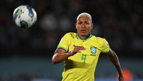 Brazil's forward Richarlison runs to the ball during the 2026 FIFA World Cup South American qualification football match between Uruguay and Brazil at the Centenario Stadium in Montevideo on October 17, 2023. (Photo by Eitan ABRAMOVICH / AFP)