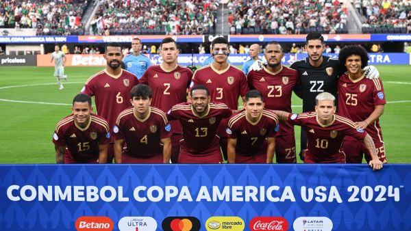 Venezuela players pose for a team photo ahead of the Conmebol 2024 Copa America tournament group B football match between Venezuela and Mexico at SoFi Stadium in Inglewood, California on June 26, 2024. (Photo by Patrick T. Fallon / AFP)