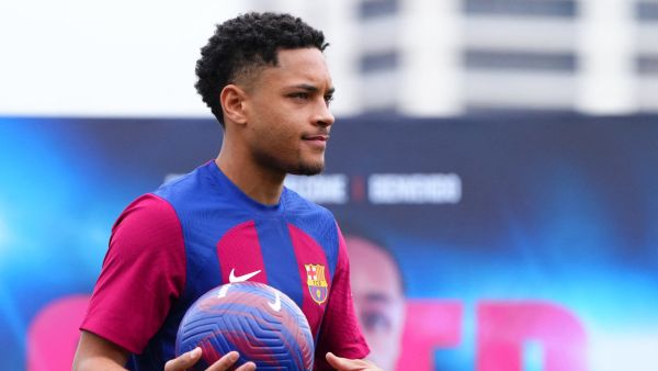Brazilian forward Vitor Roque holds a ball during his official presentation as new player of FC Barcelona at the Joan Gamper training ground in Sant Joan Despi, near Barcelona, on January 5, 2024. (Photo by Pau BARRENA / AFP)