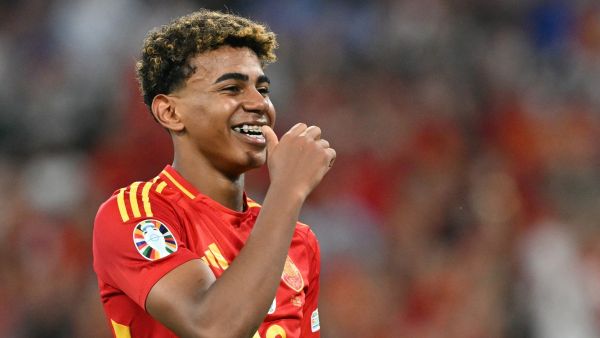Spain's forward #19 Lamine Yamal celebrates at the end of the UEFA Euro 2024 semi-final football match between Spain and France at the Munich Football Arena in Munich on July 9, 2024. (Photo by MIGUEL MEDINA / AFP)