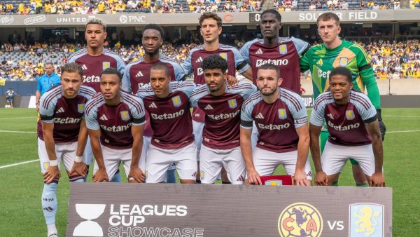 Aston Villa's players pose for a team photo before the pre-season club friendly football match between Aston Villa and Club America at Soldier Field in Chicago, Illinois, August 3, 2024. (Photo by Patrick Gorski / AFP)