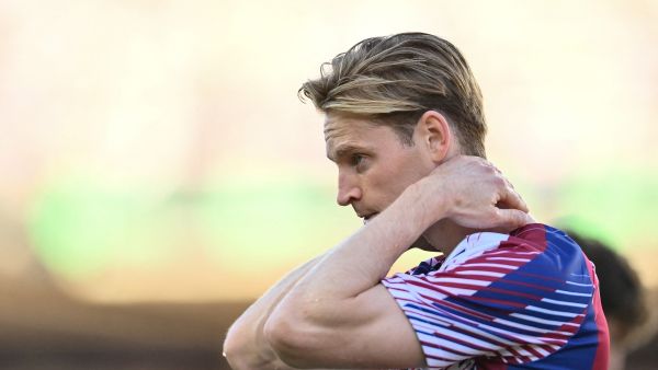 Barcelona's Dutch midfielder #21 Frenkie de Jong looks on before the start of the Spanish Liga football match between FC Barcelona and RC Celta de Vigo at the at the Estadi Olimpic Lluis Companys in Barcelona on September 23, 2023. (Photo by Pau BARRENA / AFP)