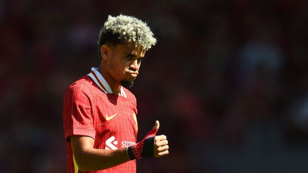 Liverpool's Colombian midfielder #07 Luis Diaz reacts during the pre-season friendly football match between Liverpool and Sevilla at Anfield stadium in Liverpool, northwest England on August 11, 2024. (Photo by Peter POWELL / AFP)