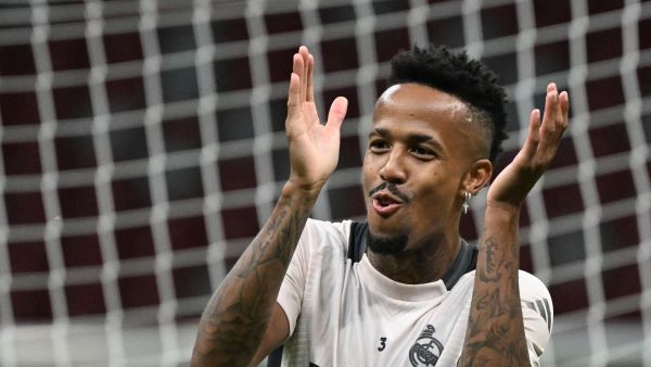 Real Madrid's Brazilian defender #03 Eder Militao reacts as he attends a training session on the eve of the UEFA Super Cup football match Real Madrid v Atalanta Bergamo in Warsaw, Poland, on August 13, 2024. The 2024 UEFA Super Cup final football match between Real Madrid and Atalanta will be held on August 14, 2024 at the National Stadium in Warsaw. (Photo by Sergei GAPON / AFP)