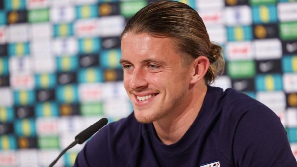 England's midfielder #16 Conor Gallagher attends a press conference of England's national football team, ahead of the UEFA Euro 2024 European football Championship, in Blankenhain, Thuringia, on June 13, 2024. (Photo by Adrian DENNIS / AFP)