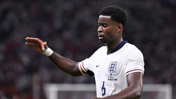 England's defender #06 Marc Guehi reacts during the UEFA Euro 2024 final football match between Spain and England at the Olympiastadion in Berlin on July 14, 2024. (Photo by Kirill KUDRYAVTSEV / AFP)