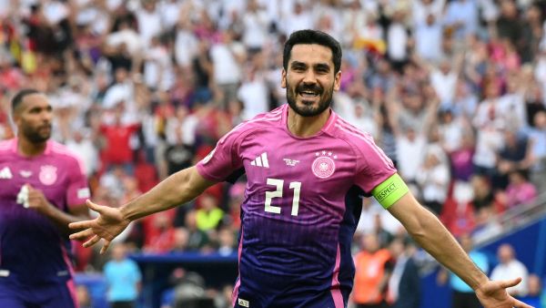 Germany's midfielder #21 Ilkay Gundogan celebrates scoring his team's second goal during the UEFA Euro 2024 Group A football match between Germany and Hungary at the Stuttgart Arena in Stuttgart on June 19, 2024. (Photo by THOMAS KIENZLE / AFP)