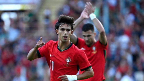 Portugal's forward #11 Joao Felix celebrates scoring a goal during the International friendly match between Portugal and Ireland at the Municipal Stadium in Aveiro, on June 11, 2024, ahead of the UEFA Euro 2024 football tournament in Germany. (Photo by MIGUEL RIOPA / AFP)