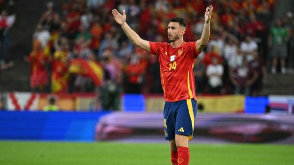 Spain's defender #14 Aymeric Laporte reacts during the UEFA Euro 2024 round of 16 football match between Spain and Georgia at the Cologne Stadium in Cologne on June 30, 2024. (Photo by JAVIER SORIANO / AFP)