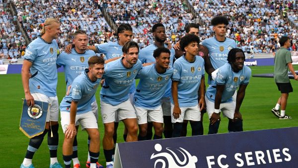 Manchester players pose for a team photo ahead of the 2024 FC Series pre-season friendly football match between Manchester City and Celtic at the Kenan Memorial Stadium in Chapel Hill, North Carolina, July 23, 2024. (Photo by Peter Zay / AFP)