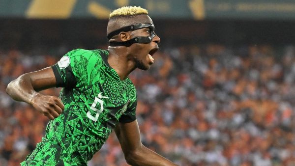 Nigeria's forward #9 Victor Osimhen reacts during the Africa Cup of Nations (CAN) 2024 final football match between Ivory Coast and Nigeria at Alassane Ouattara Olympic Stadium in Ebimpe, Abidjan on February 11, 2024. (Photo by Issouf SANOGO / AFP)