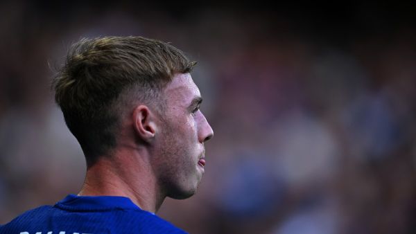 Chelsea's English midfielder #20 Cole Palmer reacts during the pre-season friendly football match between Chelsea and Inter Milan at the Stamford Bridge stadium in London on August 11, 2024. (Photo by JUSTIN TALLIS / AFP)