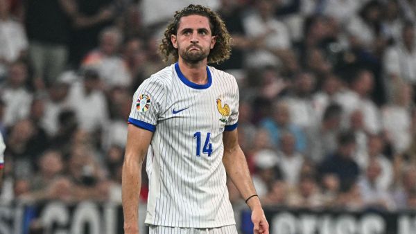 France's midfielder #14 Adrien Rabiot reacts during the UEFA Euro 2024 semi-final football match between Spain and France at the Munich Football Arena in Munich on July 9, 2024. (Photo by JAVIER SORIANO / AFP)