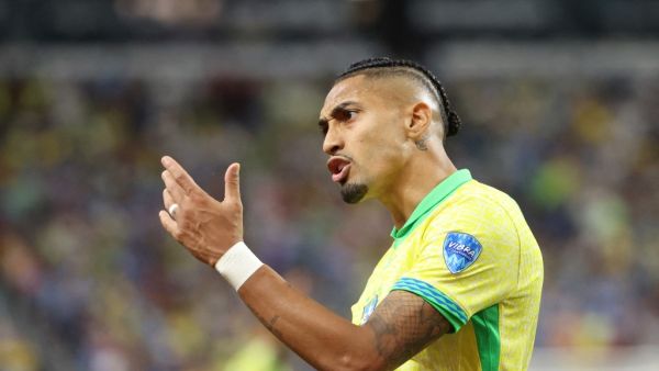 Raphinha of Brazil reacts during the CONMEBOL Copa America 2024 quarterfinal match between Uruguay and Brazil at Allegiant Stadium on July 06, 2024 in Las Vegas, Nevada. Ian Maule/Getty Images/AFP (Photo by Ian Maule / GETTY IMAGES NORTH AMERICA / Getty Images via AFP)