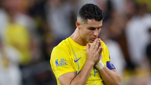 Nassr's Portuguese forward #07 Cristiano Ronaldo reacts during the penalty shootout of the King's Cup final match between Al-Nassr and Al-Hilal at the King Abdullah Sport City Stadium in Jeddah on May 31, 2024. (Photo by AFP)