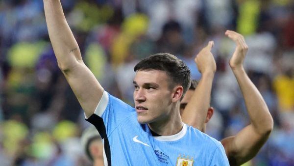 Manuel Ugarte of Uruguay celebrates after winning the CONMEBOL Copa America 2024 quarterfinal match between Uruguay and Brazil at Allegiant Stadium on July 06, 2024 in Las Vegas, Nevada. Ethan Miller/Getty Images/AFP (Photo by Ethan Miller / GETTY IMAGES NORTH AMERICA / Getty Images via AFP)