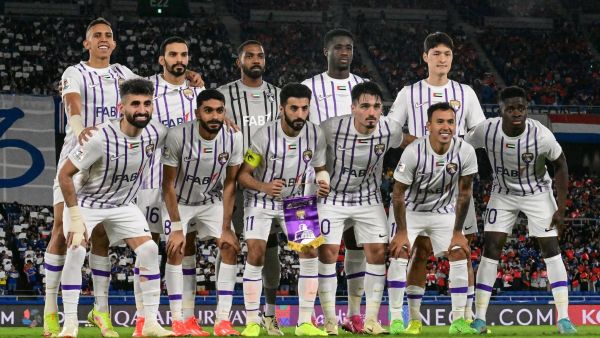 Members of Al Ain's starting side pose at the start of the AFC Champions League final first leg football match between UAE's Al Ain and Japan's Yokohama F. Marinos at Nissan Stadium in Yokohama, Kanagawa prefecture, south of Tokyo, on May 11, 2024. (Photo by Yuichi YAMAZAKI / AFP)