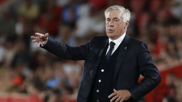 Real Madrid's Italian coach Carlo Ancelotti gestures during the Spanish league football match between RCD Mallorca and Real Madrid CF at the Mallorca Son Moix stadium in Palma de Mallorca on August 18, 2024. (Photo by JAIME REINA / AFP)