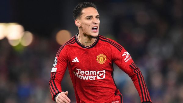 Manchester United's Brazilian midfielder #21 Antony reacts during the UEFA Champions League group A football match between Manchester United and FC Bayern Munich at Old Trafford stadium in Manchester, north west England, on December 12, 2023. (Photo by PETER POWELL / AFP)