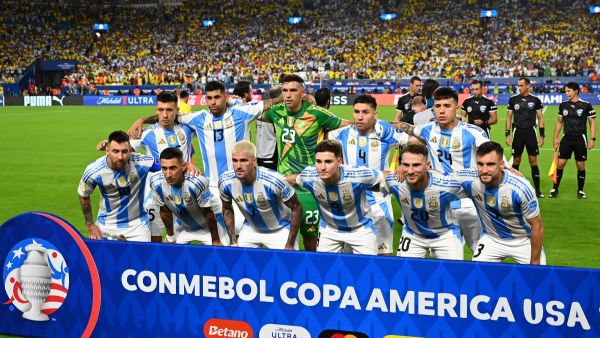 Argentina's players pose for pictures ahead the Conmebol 2024 Copa America tournament final football match between Argentina and Colombia at the Hard Rock Stadium, in Miami, Florida on July 14, 2024. (Photo by Chandan Khanna / AFP)