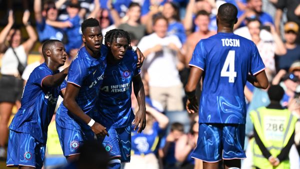 Chelsea's French midfielder #16 Lesley Ugochukwu celebrates after scoring the equalising goal during the pre-season friendly football match between Chelsea and Inter Milan at the Stamford Bridge stadium in London on August 11, 2024. (Photo by JUSTIN TALLIS / AFP)