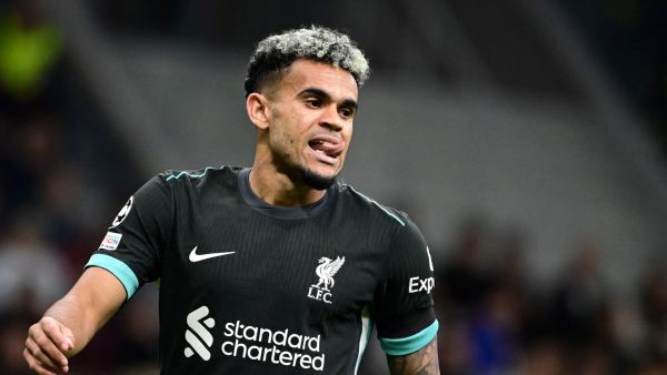 Liverpool's Colombian forward #07 Luis Diaz looks on during the UEFA Champions League 1st round day 1 football match between AC Milan and Liverpool FC at the San Siro stadium in Milan on September 17, 2024. (Photo by PIERO CRUCIATTI / AFP)