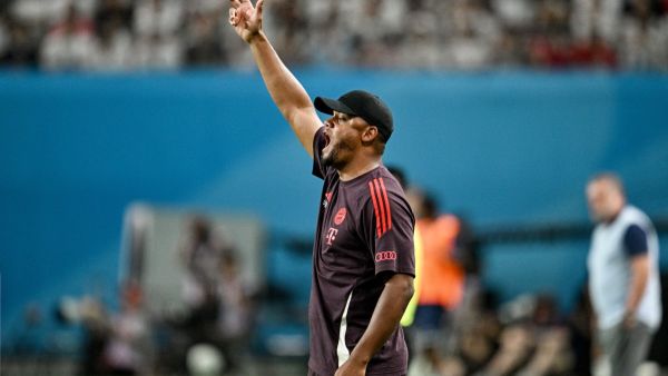 Bayern Munich’s head coach Vincent Kompany reacts during a friendly football match between Tottenham Hotspur and Bayern Munich at the Seoul World Cup Stadium in Seoul on August 3, 2024. (Photo by Anthony WALLACE / AFP)
