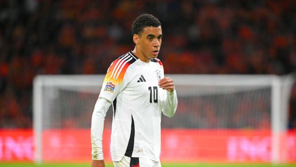 Germany's midfielder #10 Jamal Musiala looks on during the UEFA Nations League football match between Netherlands and Germany at the Johan Cruyff Arena in Amsterdam, on September 10, 2024. (Photo by NICOLAS TUCAT / AFP)