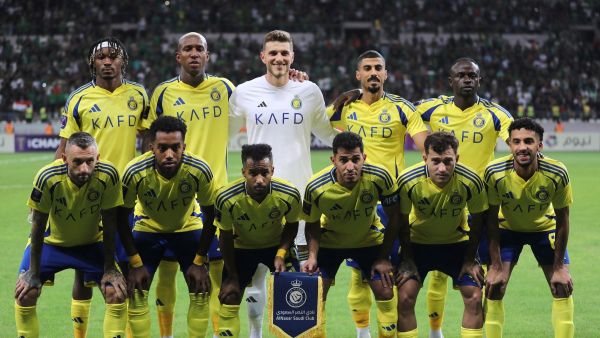 Al-Nassr players pose for a team picture during the AFC Champions League Elite West Region football match between Iraq's Al-Shorta and Saudi Arabia's Al-Nassr at the Al-Madina Stadium in Baghdad's Sadr City on September 16, 2024. (Photo by AHMAD AL-RUBAYE / AFP)