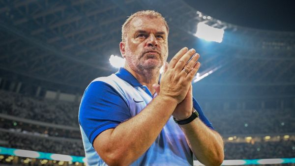 Tottenham's manager Ange Postecoglou celebrates team's victory after an international club friendly football match between Tottenham Hotspur FC and Vissel Kobe at the Japan National Stadium in Tokyo on July 27, 2024. (Photo by Yuichi YAMAZAKI / AFP)
