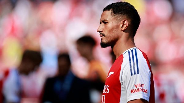 Arsenal's French defender #02 William Saliba reacts following the pre-season friendly football match for the Emirates Cup final between Arsenal and and Lyon, at the Emirates Stadium in London on August 11, 2024. (Photo by BENJAMIN CREMEL / AFP)